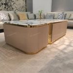 Luxury Marble-Top Coffee Table with Ribbed Wood Veneer and Gold Accents